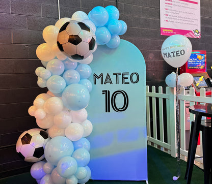 Soccer themed balloon garland& 6 ft arch backdrop