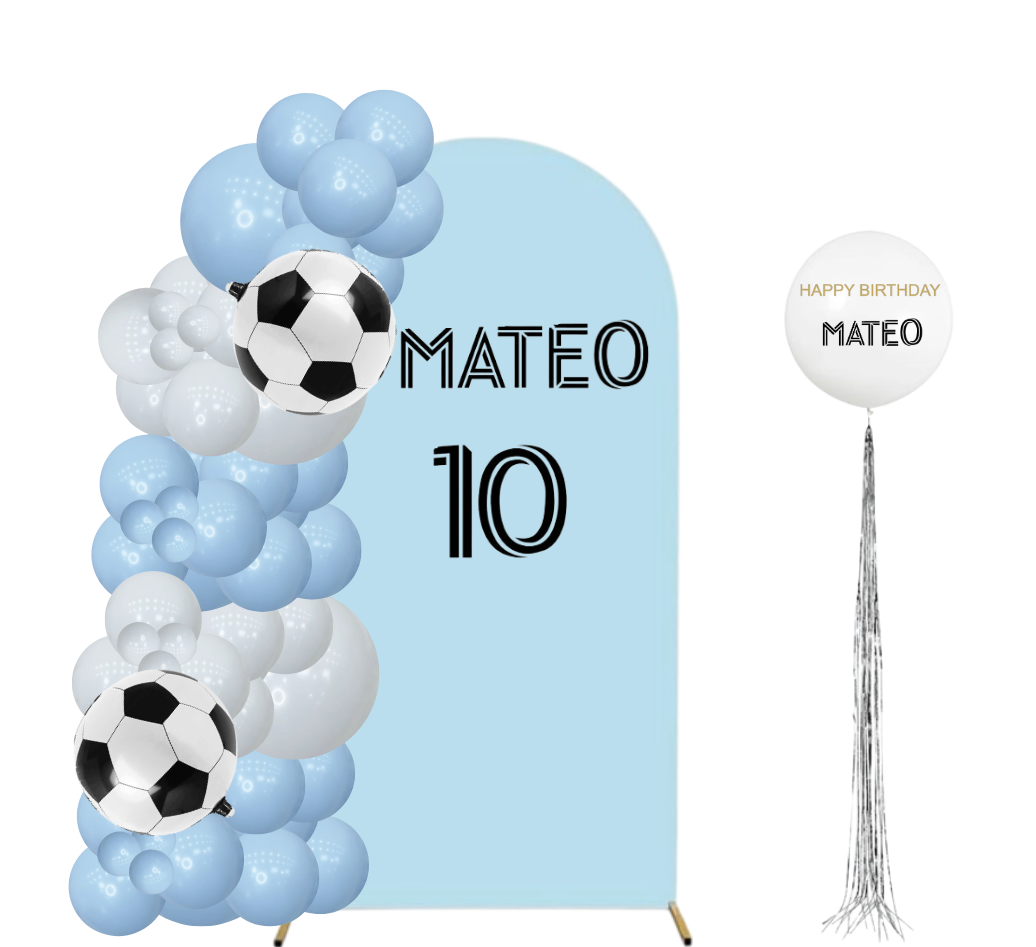 Soccer themed balloon garland& 6 ft arch backdrop